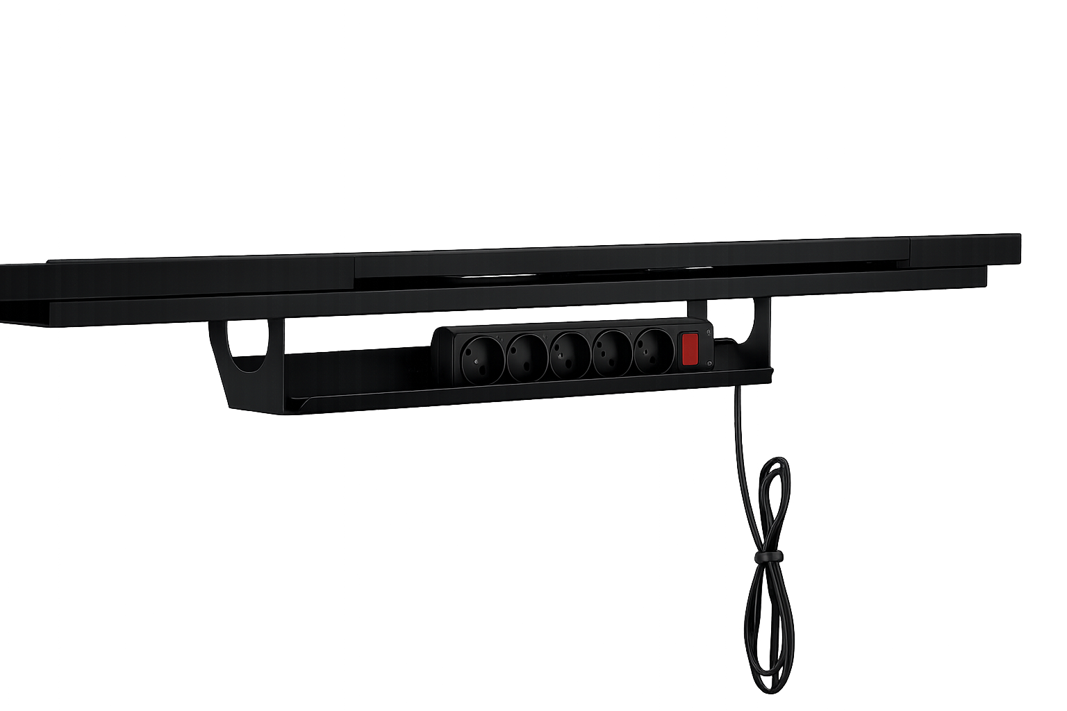 Under-desk cable tray with integrated power strip and tidy cabling