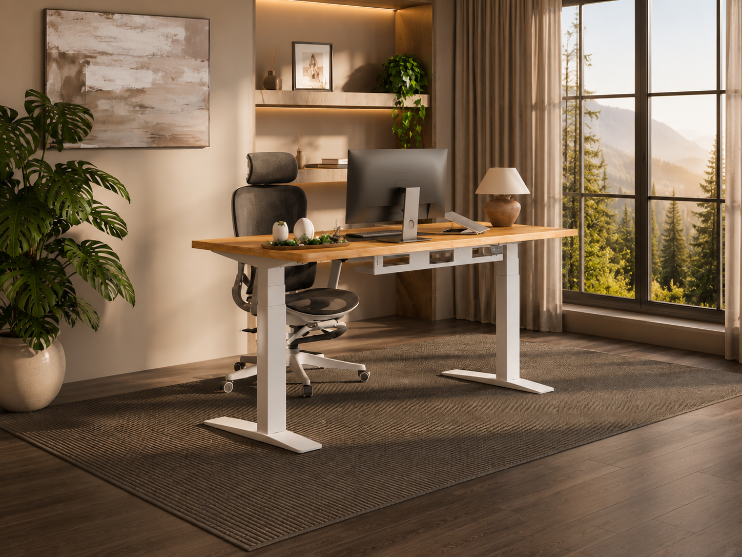 Height-adjustable desk with a wood top and ergonomic chair in a bright home office with a forest view