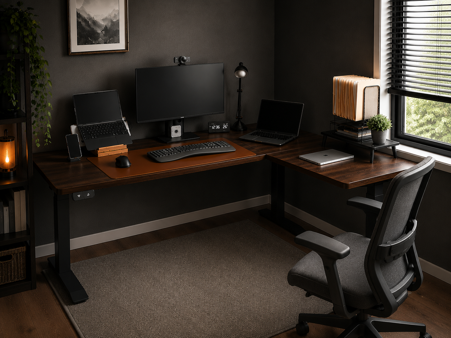 L-shaped walnut corner desk with monitor, laptop and ergonomic chair in a dark office