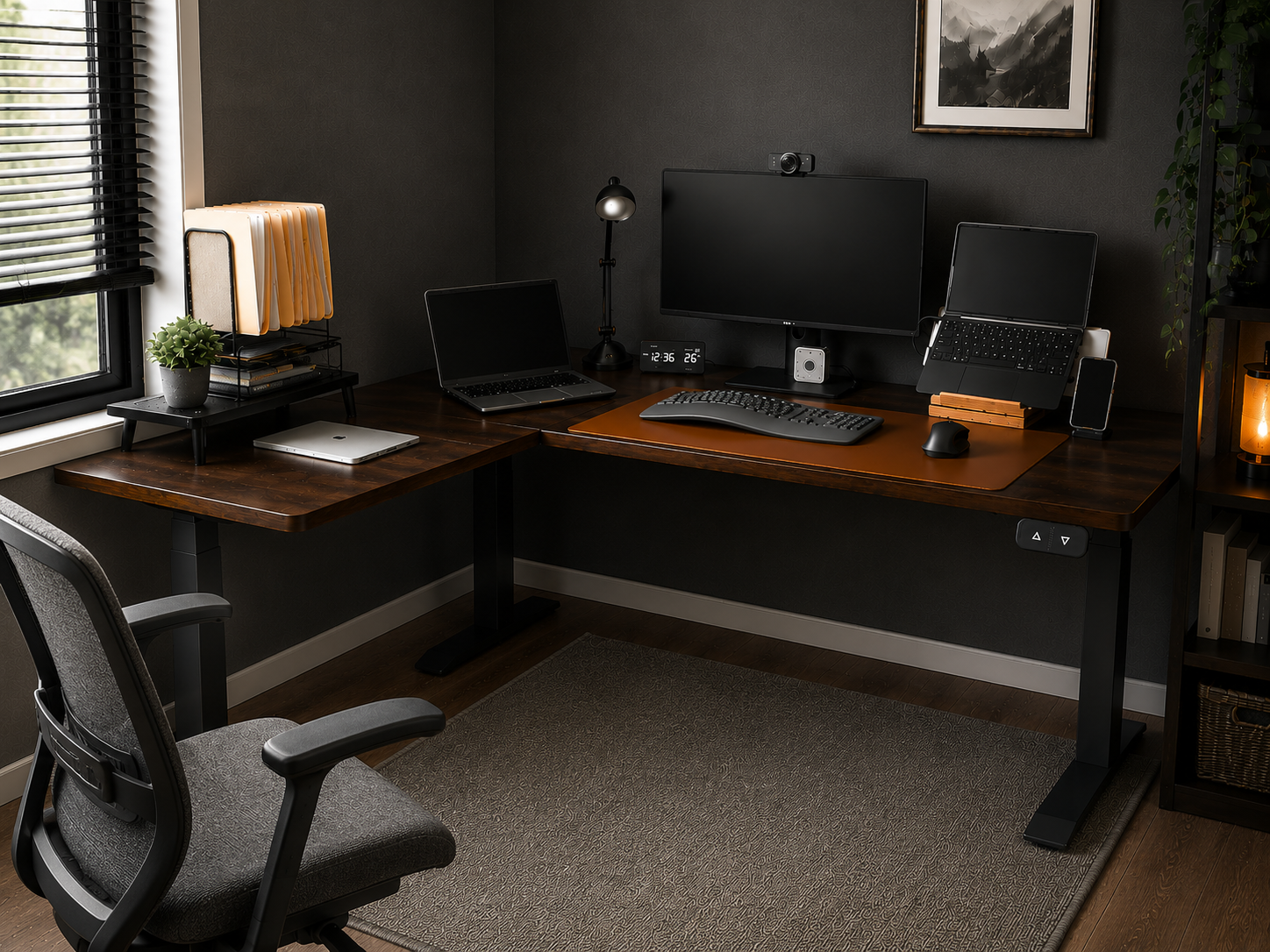 Height-adjustable standing desk in a bright remote-work home office